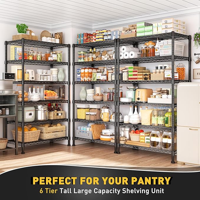 REIBII 6-Tier Storage Shelves Metal Shelving for Storage Load 1000 LBS,Wire Shelves Heavy Duty Shelving Unit Adjustable Pantry Shelf Bathroom Kitchen Garage 24" W x 14" D x 71" H, Black