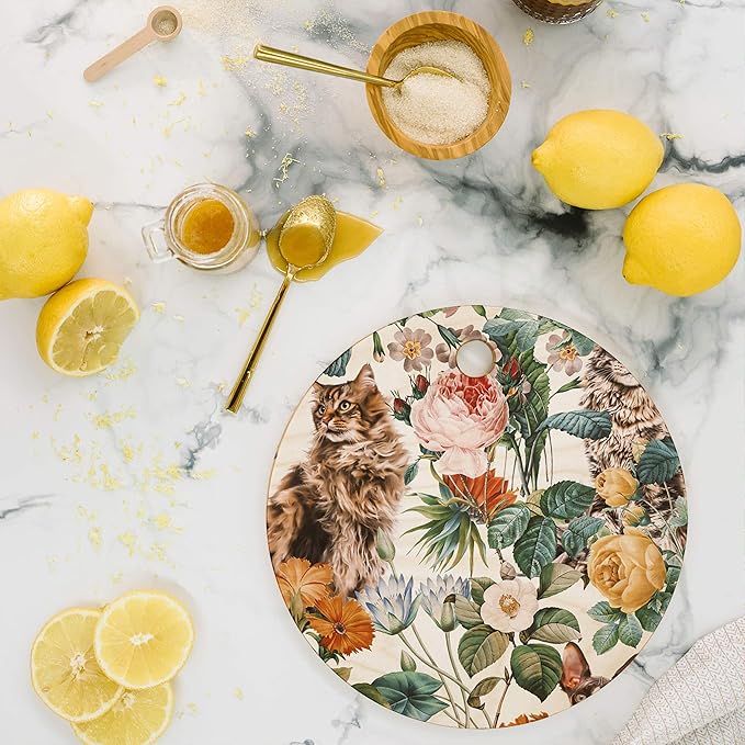 Society6 Bamboo Cutting Board- Kitchen Decor by Burcu Korkmazyurek - Unique Cutting Boards for Kitchen, 11.5" x 11.5" x 0.5", Cat And Floral Pattern III