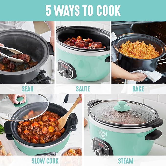 GreenLife 3.5QT Slow Cooker, PFAS-Free Non-Toxic Ceramic Nonstick Removable Interior Bowl, Programmable, Keep Warm, Stovetop & Oven Safe, Dishwasher Safe Crock, Glass Lid, Turquoise