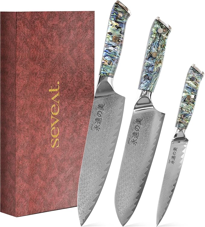 Damascus Kitchen Knife Set, 67-Layer Damascus Steel, Professional Chef Knives Set for Kitchen, Ergonomic Wood & Resin Handle (Blue, 3 pieces with Shell Handle)