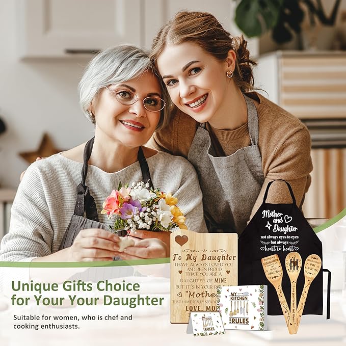 Daughter Gift from Mom, Christmas Kitchen Gifts for Daughter, Birthday Gift Wooden Cutting Board with Cooking Utensils Set with Apron Set, Great Mom Present for Her