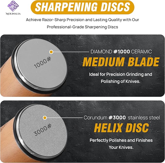 Rolling Knife Sharpener –Multi Angle Tool w/Diamond & Ceramic Discs #1000/#3000, tumbler knife sharpener having Finger Guard, Gloves & Travel Bag