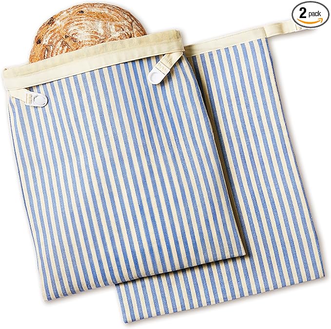 BRONYPRO Reusable Beeswax and Cotton Bread Bags, 2-Pack Waxed Bread Bags for Homemade Bread & Sourdough, Sustainable Sourdough Loaf Storage to Lock in Freshness, Large 17x12.6in, Blue