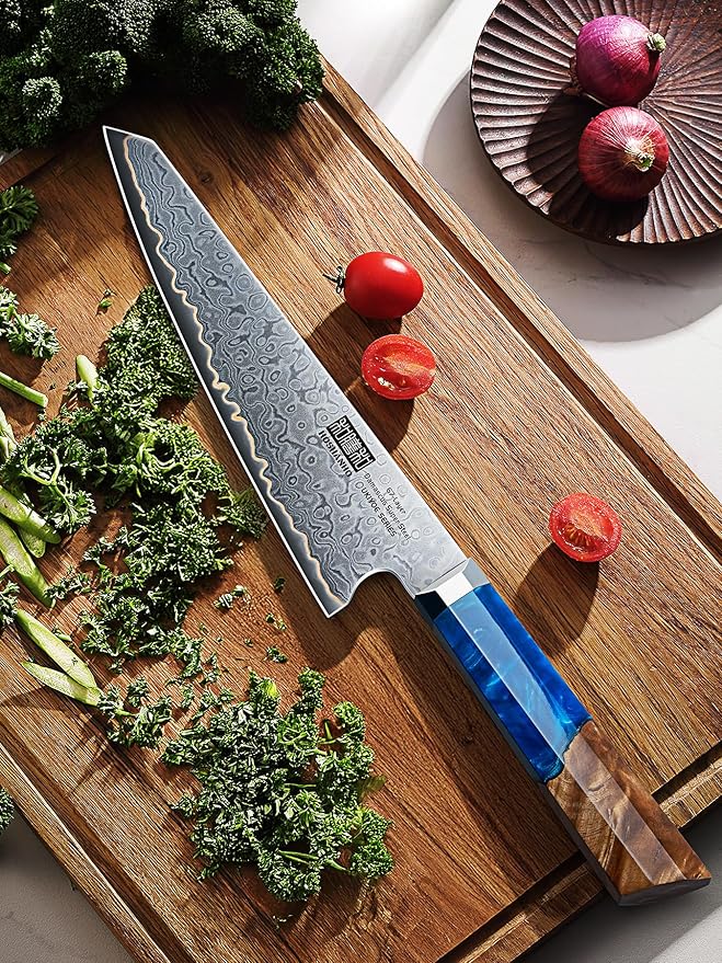 HOSHANHO Damascus Chef Knife 8 Inch, 67-Layer Damascus Super Steel Professional Kitchen Knife, Ultra Sharp Japanese Cooking Knives, Ergonomic Blue Resin Stabilized Wood Handle with Wood Gift Box