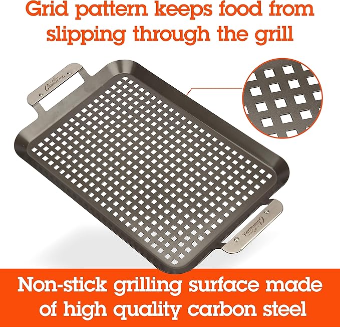 BBQ Grill Topper Grilling Pans (2 Pack)- Non-Stick Barbecue Trays w Stainless Steel Handles- Indoor Outdoor use for Meat, Vegetables & Seafood- Great for Thanksgiving Turkey Dinner & Holiday Xmas Gift