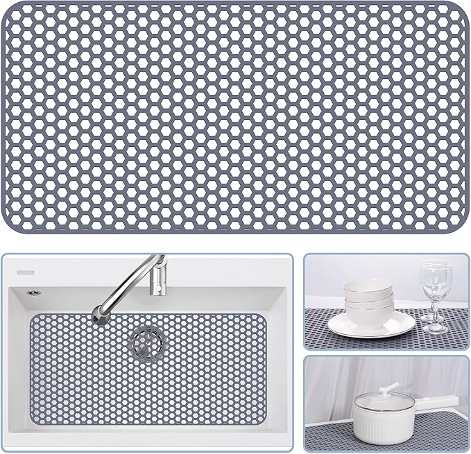 Silicone Sink Protectors for Kitchen Sink - 28.4"x 14.3" Kitchen Protector Mat Accessory, Non-Slip Heat Resistant Mat for Bottom of Farmhouse Porcelain Stainless Steel, Dishwasher Safe (Gray)