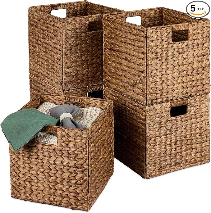Best Choice Products 13x13in Pack of 5 Cube Storage Baskets, Water Hyacinth Multipurpose Collapsible Organizers, Handwoven Laundry Totes for Laundry, Living Room, Kids Room & Nursery - Chestnut