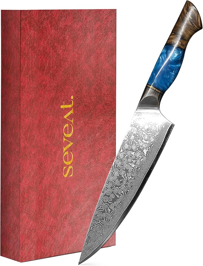 Damascus Kitchen Knife, 67-Layer Damascus Steel, 13” Professional Chef Knife for Kitchen, Ergonomic Wood & Resin Handle in Gift Box, Ideal for Gifting (Blue, 1 piece)