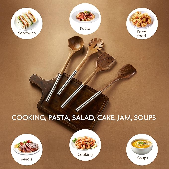 4 PCS Acacia Wood Cooking Utensils Set with Magnetic Hanging Handles Stainless Steel, Heat-Resistant Multi Function Cooking Tools