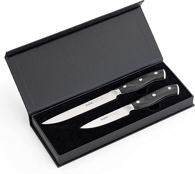 JoyJolt 2pc Kitchen Knife Set. 5.5” Utility Knife and 3.5” Paring Knife. High Carbon, x50 German Steel Tomato Knife, Magnetic Gift Boxed.