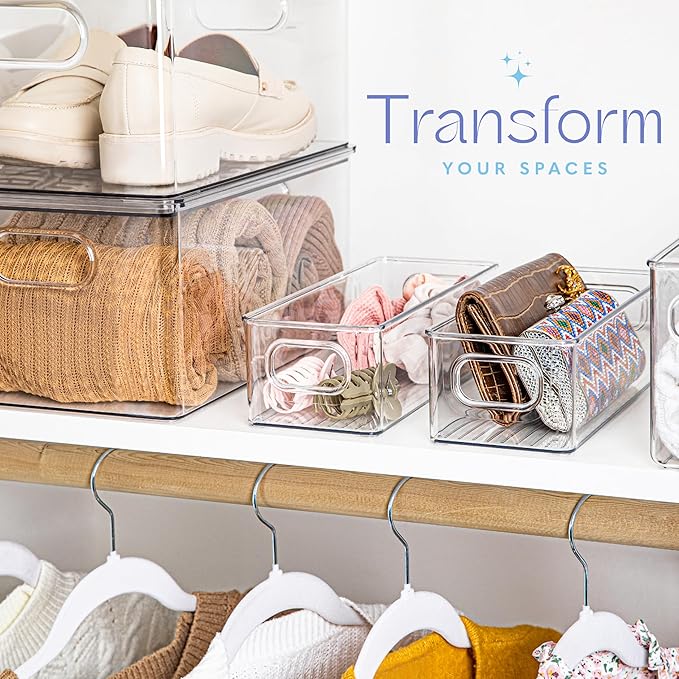 primebox Plastic Food Storage Clear Container 2 Pack Bin with Handles for Organizing Kitchen, Pantry, Refrigerator, Freezer, Pantry, Cabinet, Closet, Bathroom. Stackable 10”x4”x3”