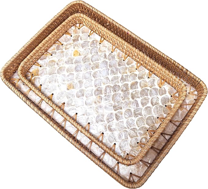 i-lan 2-Piece Rectangular Rattan Serving Trays with Mother of Pearl Inlay, 13" & 11.5" Decorative Storage Trays for Home Organization, Entertaining, and Tabletop Display