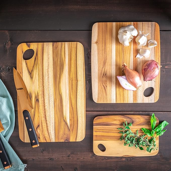 Lipper International Teak Wood Cutting Boards with Oval Holes in Corners, Assorted Sizes, Set of 3