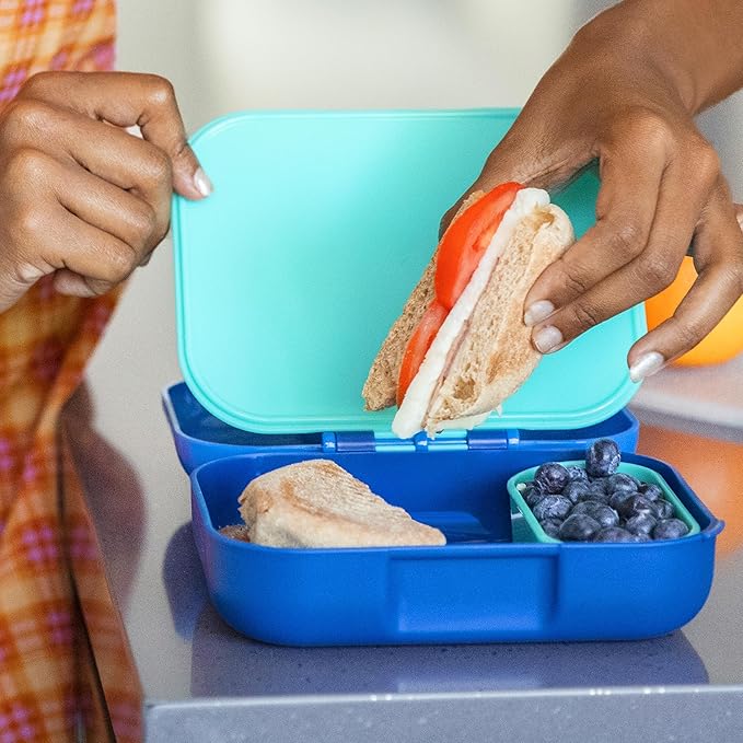 ZOKU - Mini Bento Box for Kids, Stackable, Lightweight, Leakproof, for Children, Kid Friendly Latch, Easy to Clean (Bento Jr) (Blue)
