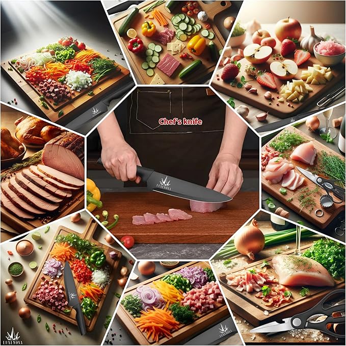 7-Piece Kitchen Knife Set – Ultra Sharp Stainless Steel Knives with Universal Block, 5-Piece Chef Knife Set, Kitchen Scissors – Non-Slip Black Handles, Modern Countertop Set