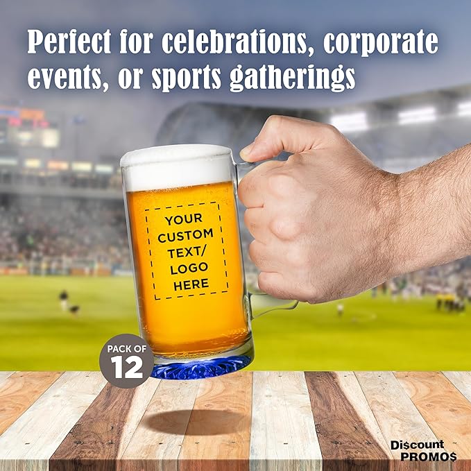 12 Libbey Beer Mugs Set, 12 oz. - Customizable Text, Logo - Groomsmen Glassware - Blue
