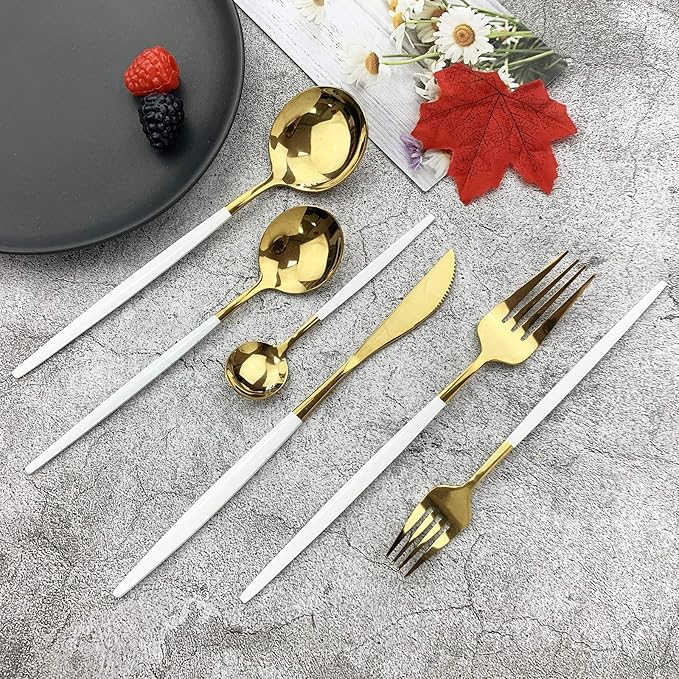JASHII 18/10 Silver Silverware Set Stainless Steel Flatware Utensils Set Gold Cutlery Set| 36-Piece Modern Cubiertos Dorados| BEST Birthday Wedding Gift (6 sets, White Handle Gold Mirror Polish)