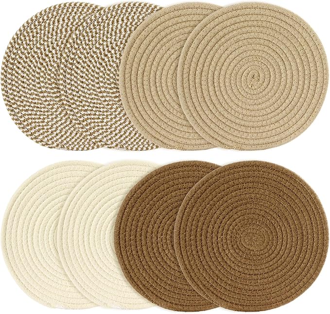 10 Inch Cotton Rope Trivets for Hot Dishes Set of 8 Heat Resistant Mats for Countertop Potholders for Kitchens Trivets for Hot Pots and Pans and Quartz Countertops Farmhouse Kitchen Décor, Mixed Brown