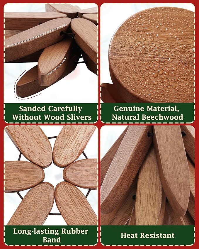 Wooden Trivets Tree for Hot Dishes, Set of 4 Wood Coaster for Hot Pots and Pans, Christmas Kitchen Decor for Family Members, 8 in Tree Shaped Wooden Pot Holders with Stand, 4PCS Dark Walunt