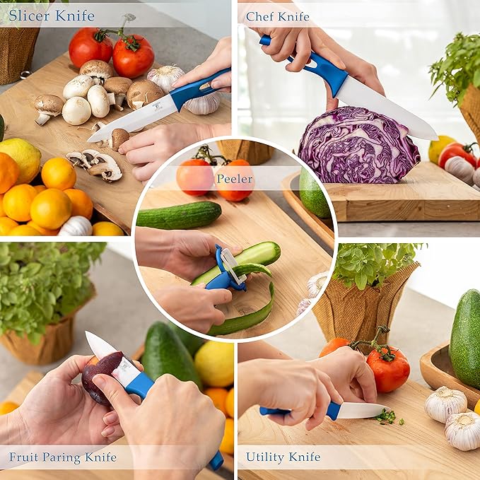 Moss & Stone Kitchen Cutlery White Ceramic Knife Set, Ceramic Knife Set and Fruit Peeler, Rust Proof & Stain Resistant, Kitchen Cooking Knife Set 5 pieces Blue Knives