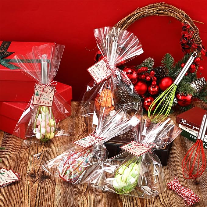 24 Sets 10 Inch Christmas Whisks Supplies Gifts Sets, Includes Silicone Whisks, Greeting Cards, Ribbons, Plastic Bags DIY Fillable Christmas Tree Ornaments for Xmas Cooking Supplies Gift