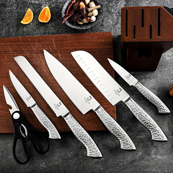 DRAGON RIOT Knife Set with Wood Block - Stainless Steel Kitchen Knives Block Set with Built in Sharpener, Dishwasher Safe, Non-Slip Ergonomic Handle - Gift for Men Women and Housewarming