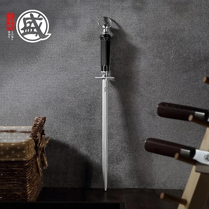 MITSUMOTO SAKARI 12 inch Japanese Honing Steel - Round Diamond Knife Sharpening Rod, Professional High Carbon Sharpener with ABS Handle & Powerful Magnet