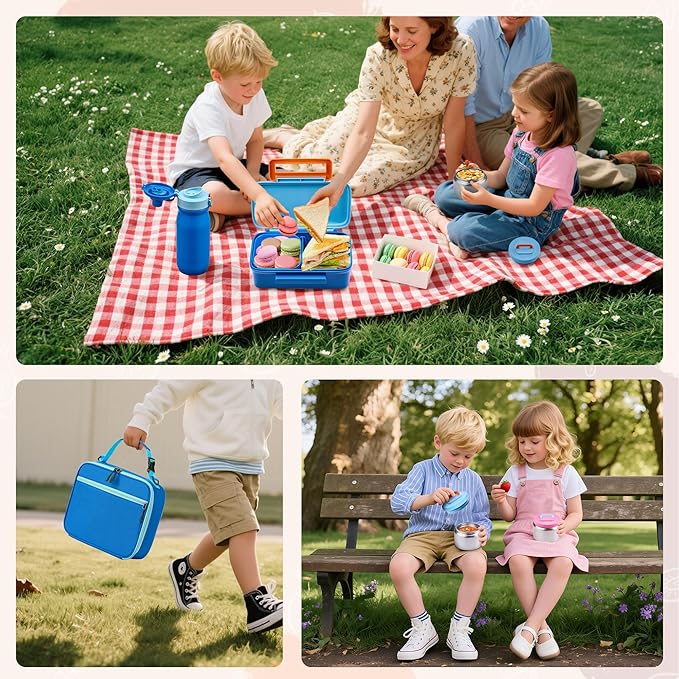 MAISON HUIS Bento Box for Kids with 8oz Soup Thermo, Insulated Lunch Bag & 17oz Water Bottle, 2-Compartment Bento Box with Built-In Ice Pack, Leak-Proof & BPA-Free (Blue)