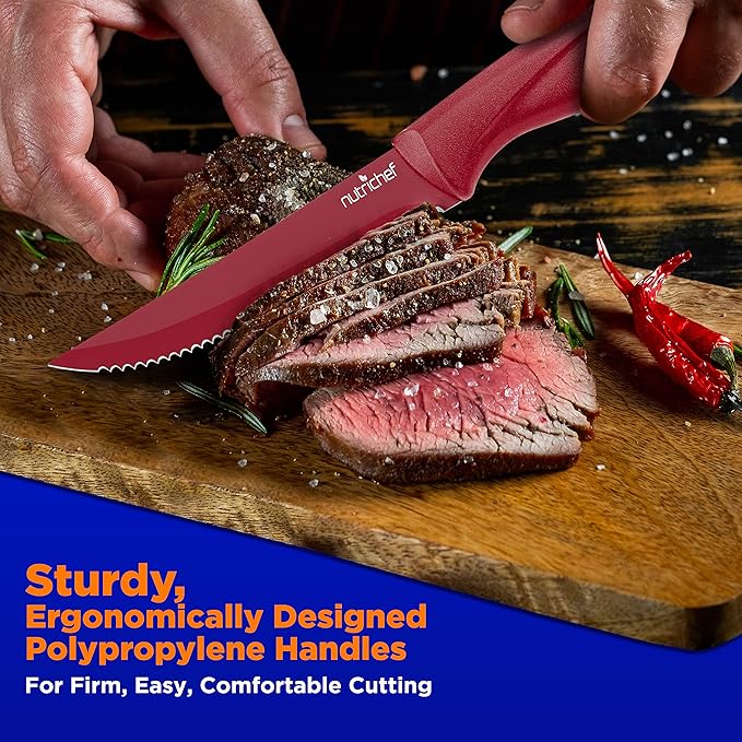 NutriChef SereneLife Stainless Steel Knife Set, 8 Pcs. - Non-Stick Coating, Sharp Serrated Blades, Professional Kitchen Set, Rust-Resistant, Dishwasher Safe, Ideal for BBQ & Grilling, Red