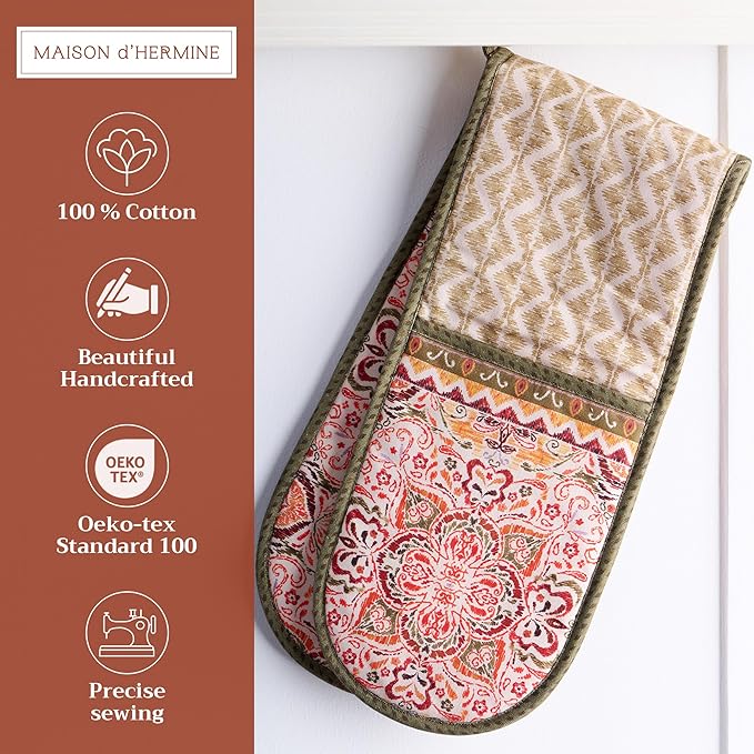 Maison d' Hermine Double Oven Mitt (7" x 35") 100% Cotton Heat Resistant BBQ Cooking Gloves with Loop for Thanksgiving Christmas Decorations Baking Cooking Barbeque Handling Hot Pan (Damask)
