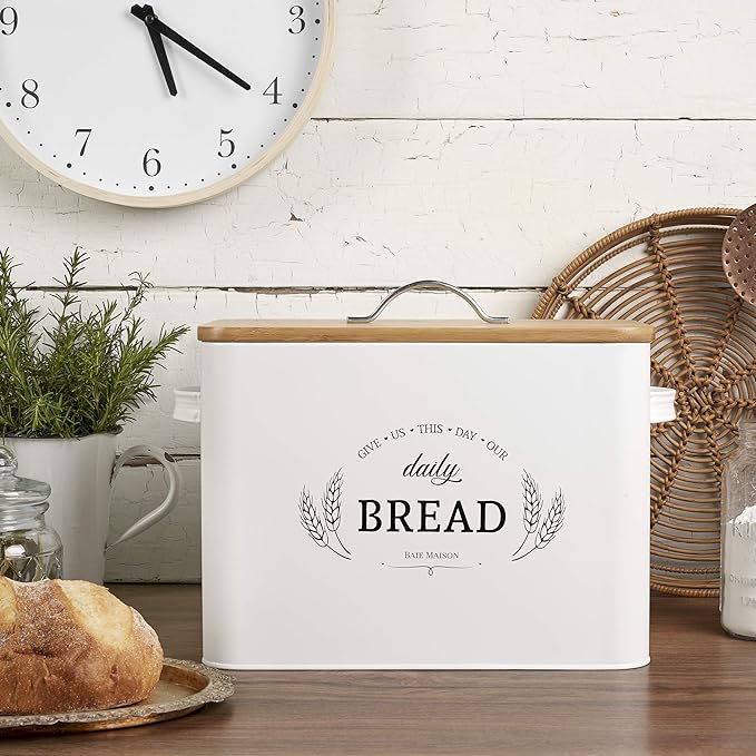Baie Maison Extra Large White Farmhouse Bread Box for Kitchen Countertop - Breadbox Holder Fits 2+ Loaves - Bread Storage Container Bin - Rustic Bread Keeper Vintage Metal Kitchen Decor for Counter
