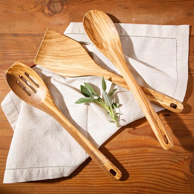Bloomhouse Italian Olive Wood 3-Piece Kitchen Utensil Set – Extra-Large 14-Inch Turner, Spoon & Slotted Spoon, Durable Wooden Cooking Tools