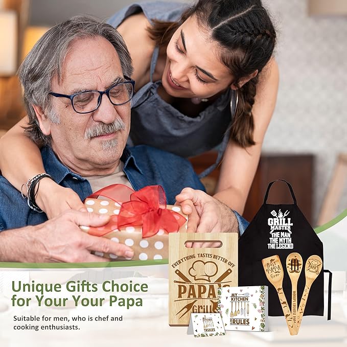 Papa Gifts, Christmas Papa Gifts from Grandkids, Gifts for Dad Wooden Cutting Board Utensils Set with Apron, Great Grandparents Day Stocking Stuffer Kitchen