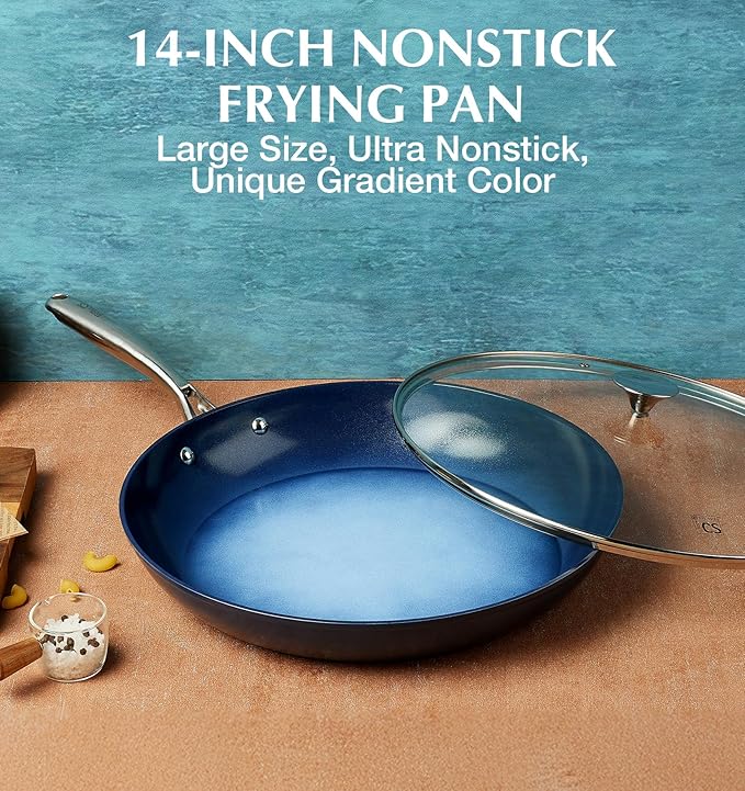KOCH SYSTEME CS 14 Inch Large Frying Pan with Lid, Nonstick Skillet with Ceramic Interior, Large Fry Pan for Family & Commercial Cooking, Frying Pan Nonstick, Oven Safe & Induction Compatible, Blue