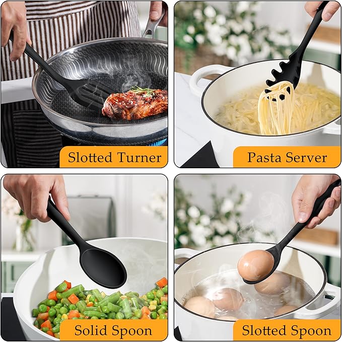 LIANYU Kitchen Utensils Set, 4Pcs Silicone Cooking Utensils, Heat Resistant Kitchen Tools for Stir Frying, Serving, Mixing, Include Turner, Spoon, Pasta Server, Dishwasher Safe, Black