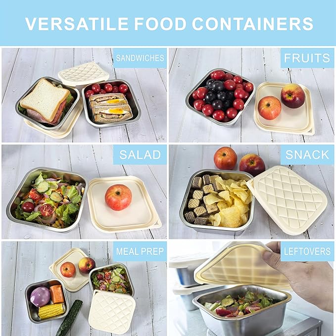 F.Y.Dreams 3 Pack 304 Stainless Steel Sandwich Containers With Silicone Lids/ 3 * 35 OZ/Plastic Free Lunch Box/Metal Bento Box/Meal Prep Food Storage containers/Snack Containers/Cream