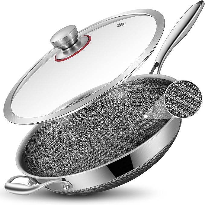LOLYKITCH 13-inch Nonstick Wok & Stir-fry Pan with Lid, Induction Compatible, Tri-ply Stainless Steel Ceramic Coating Cookware, Perfect for Stir-frying, Sauté, and Simmering, Dishwasher and Oven Safe