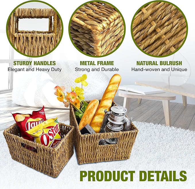 Wicker Basket Set – Stackable Storage Bins for Organizing Pantry & Kitchen – 1 Medium Basket + 1 Small Baskets with Handle – Wicker Storage Baskets for Shelves & More
