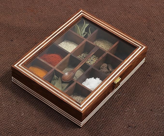 DEALS - ABHANDICRAFTS Wood Spice Box for Kitchen Table Top Masala Box with 12 Compartment and Spoon Multipurpose storage Box for Spices, Herbs (AB-MASALABOX-2)