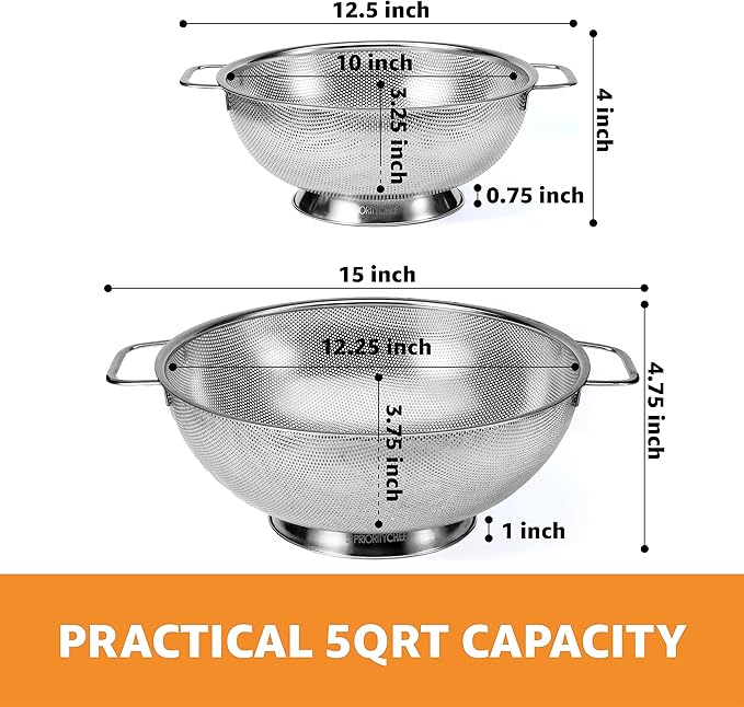 Priority Chef Stainless Steel Colander and Strainer - 3 Quart & 5 Quart Bundle