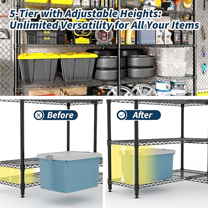 Garvee 70" H Storage Shelves L-Shaped Shelving Unit, 5-Tier Metal Shelves 1325 LBS Capacity, Heavy Duty Wire Shelving Storage Rack with Adjustable Shelf for Kitchen Pantry Bedroom Corner