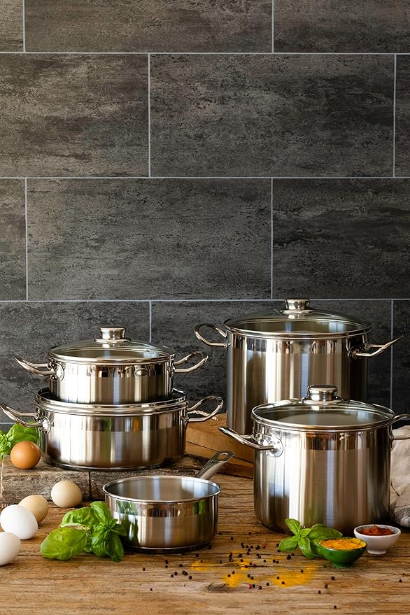 BRA COOKWARE Profesional 18/10 Stainless Steel Stock Pot w/Glass Lid | 9.5 Inch 4 Quart Professional Cooking Pot | 5.5mm Thick Base | PFOA Free Deep Pot | All Cooktops | All Cooktops & Oven Safe