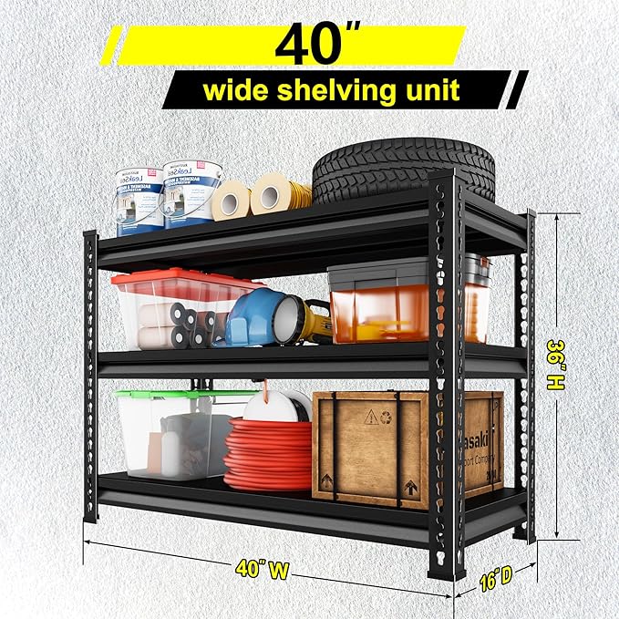 Utility Garage Shelves Heavy Duty - 40''W 1,350Lbs Steel Metal Industrial Storage Shelving Rack Units Adjustable 40" W x 16" D x 36" H 3 Tier Black