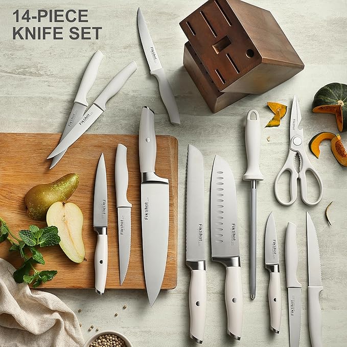 Knife set, Fikshot 14-Piece White knife set with Block, Elegant White Kitchen Knife Set for Ladies, Stainless Steel Knife Set with Sharpener, Dishwasher Safe (WHITE)