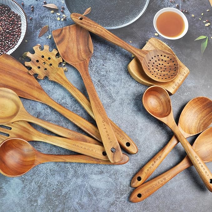 Wooden Spoons for Cooking,Wooden Utensils for Cooking 11 Pcs Wooden Kitchen Utensils Set Wooden Spatulas for Cooking Wooden Cooking Utensils with Holder, 14.37*4.13*3.54, Brown