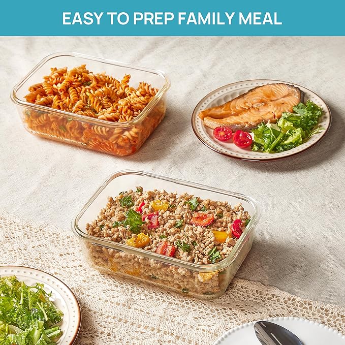 Vtopmart 2Pack 1860ml/63oz Large Glass Storage Containers with Lids, Meal Prep Food Container Set with Snap Airtight Lid for Baking, Microwave, Oven, Leak Proof, for Freezer, Dishwasher, Green