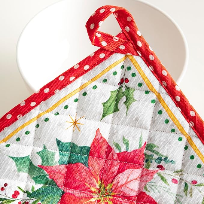 Maison d' Hermine Pot Holders Set 100% Cotton Heat Resistant Potholders 8" x 8" Hot Pads with Loop for Thanksgiving Christmas Decorations Baking Handling Hot Pans (Pack of 2, Poinsettia Christmas)