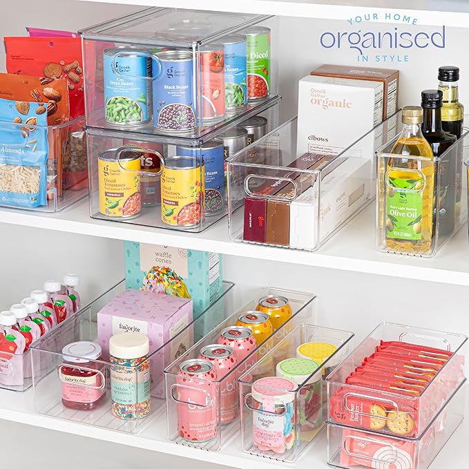 primebox Plastic Food Storage 6 Pack Clear Container Bin with Handles for Organizing Kitchen, Pantry, Fridge, Freezer, Pantry, Bathroom. 14"x6"5"