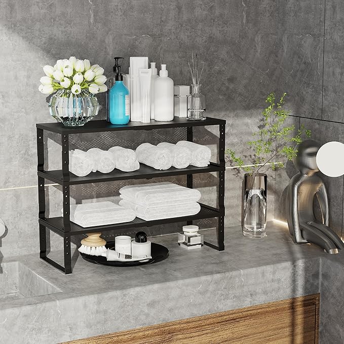 Expandable Adjustable Stackable Kitchen Organizer, Spice Rack,Metal Pantry Storage Shelves Racks,Counter Shelf for Cabinets, Countertop, Cupboard(2 Packs/Medium/Black)