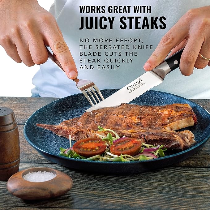 Cutluxe Steak Knives Set of 8, Serrated Steak Knives – Forged High Carbon German Steel, Full Tang, Ergonomic Handle Design – Artisan Series